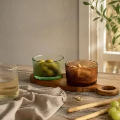 Cosy & Trendy Borrelplank met Glazen Schaaltjes Soluna 3-delig - Acaciahout - 27.5 x 10 cm