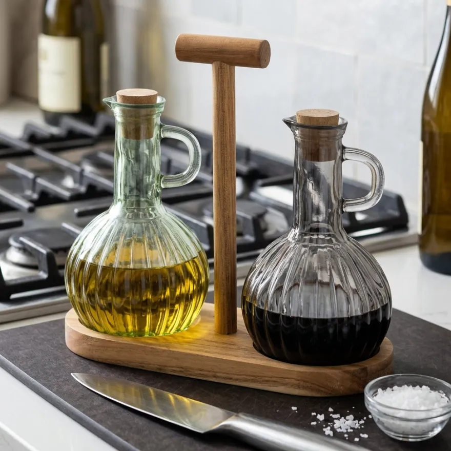 Cosy & Trendy Olie- en Azijnstel met Houder - Glas & Acaciahout - 2 flessen