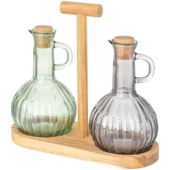 Cosy & Trendy Olie- en Azijnstel met Houder - Glas & Acaciahout - 2 flessen