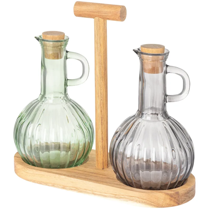 Cosy & Trendy Olie- en Azijnstel met Houder - Glas & Acaciahout - 2 flessen