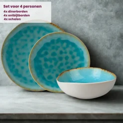 Cosy & Trendy Serviesset Laguna Azzurro 12-delig / 4 personen - 4 dinerborden, 4 ontbijtborden en 4 kommen