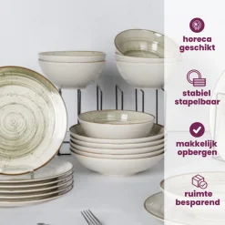 Cosy & Trendy Serviesset Sintra Ivy Green 16-delig / 4 personen - 4 dinerborden, 4 ontbijtborden, 4 diepe borden en 4 kommen