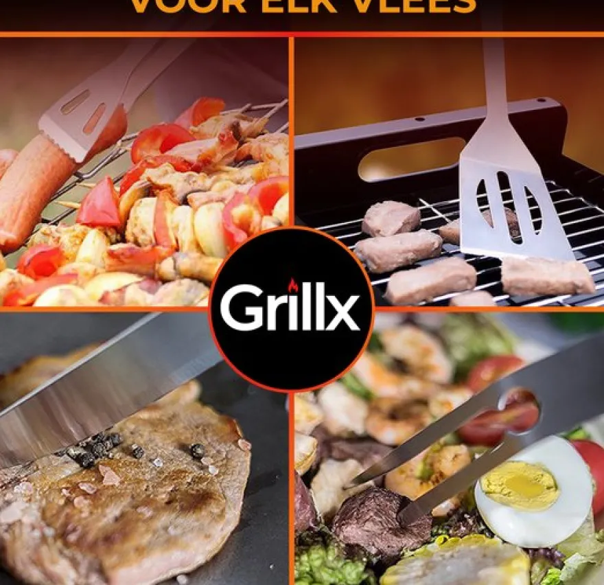 GrillX BBQ Accessoires Gereedschapset - BBQ Tang, Spatel, Vork, Borstel - Complete Barbecue Tools Set