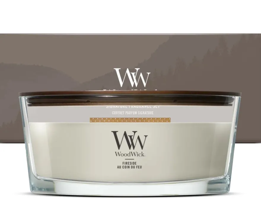 WoodWick Giftset Geurkaars Ellipse Fireside - Geurkaars in Glas - Houten Lont